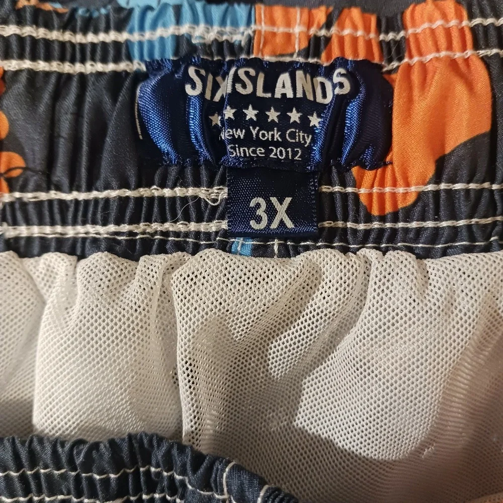 Six Islands Mens 3X Swim Trunks Navy Blue Orange Hibiscus Floral Tropical Shorts